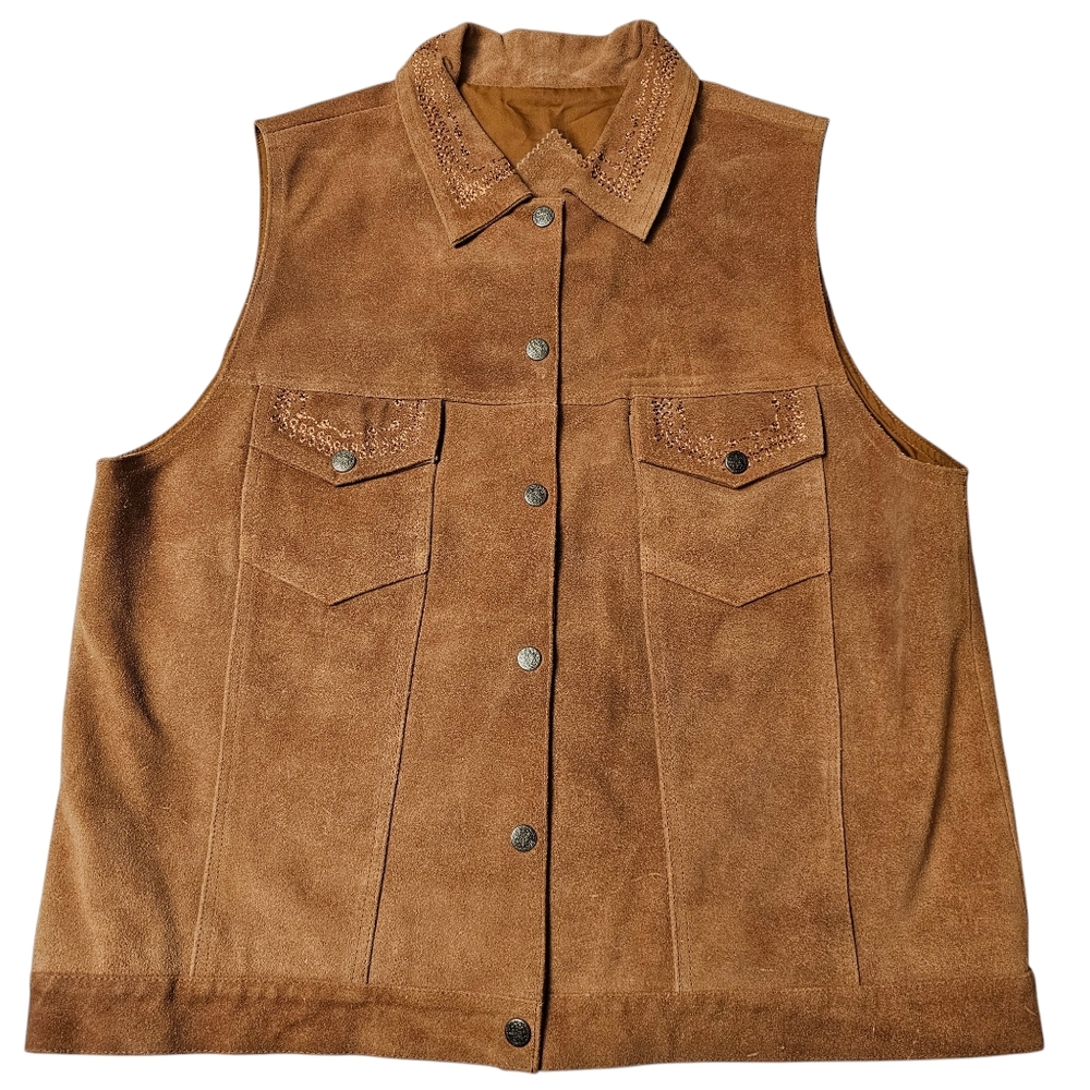 Agapo Leather Vest Womens Size 2X Snap Button Pocket Detail Equestrian Brown